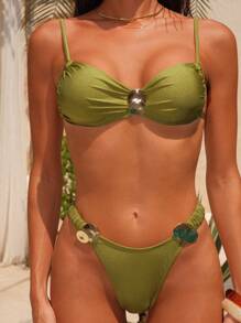 Swim Chiccia Novo conjunto de banho feminino de 2 peças para verão, praia e férias, verde suave, com ferragens metálicas, elegante, com amarração na cintura, franzido e corte alto, estilo Old Money - Verde - Ver 4