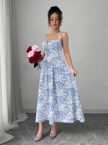 Chiquease Rafferiza 女式浪漫红色彩色花卉印花纯色情人节约会生日度假休闲连衣裙荷叶边前系带蝴蝶结可爱太阳裙演唱会服装优雅吊带后背不对称腰部修身A字下摆2025夏季新款长裙 - 藍白色 - 查看 7