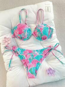 SHEIN 2pcs/Set New Multicolor Shell Underwire Side Twist High Cut Bikini Swimsuit For Women, Beach Holiday For Summer Beach Vacation