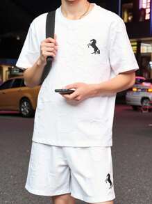 Vacaura Boy Summer Outfit 2pcs Tween Boys Fashion White Embroidered T-Shirt Set, Suitable For Summer Casual Wear, Photo Shooting, School, Cool Tween BoysOutfit Young Boys Suit Set Boys Clothes Cotton Boy Clothes Set Boy Clothes Sets Boys Clothes Sets - White - View 3