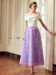 ZEYLAH Damen eleganter einfarbiger A-Linien Rock mit 3D Blumen