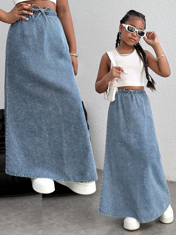 Tween-Mädchen Y2k Lässiger weicher Boho Kordelzug Taille Lockerer Jeanslanger Rock, Für Kleidung Frühling/Sommer Kleidung, Strandoutfits, Streetwear Mädchen
