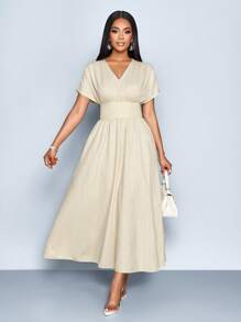 SOLERSUN 夏季女装杏色编织纹理面料日常休闲通勤优雅修身蝙蝠袖短袖V领腰褶大A字中长连衣裙 - 杏色 - 查看 4