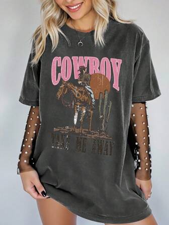 SHEIN CURVE+ Plus Size Western Style Cowboy Print Loose Fit Drop Shoulder Short Sleeve T-Shirt