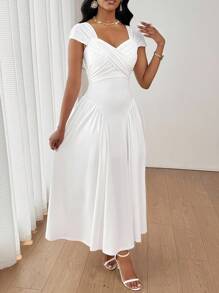 SHEIN Lady 夏季优雅交叉领缩褶拼接V领白色连衣裙女式长裙女式夏季连衣裙女式白色连衣裙女式生日连衣裙婚礼宾客连衣裙女式连衣裙优雅 - 白色 - 查看 4