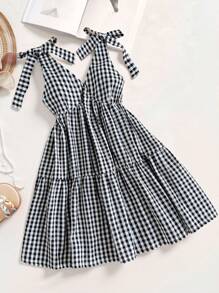 Tween Girls Casual Fashion Woven Gingham V-Neck Sleeveless Bow Patchwork Waist A-Line Dress, Back To School, Graduation Party, Summer Holiday - Black - View 9