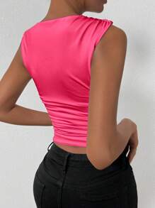 Chiquease Casual Solid Color Ruched Slim Fit Tank Top, Summer - Coral Pink - View 2