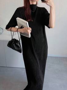 FRIFUL Women's Mock Neck Solid Color Textured Fabric Straight 3/4 Sleeve Slimming Long Dress - Black - View 3