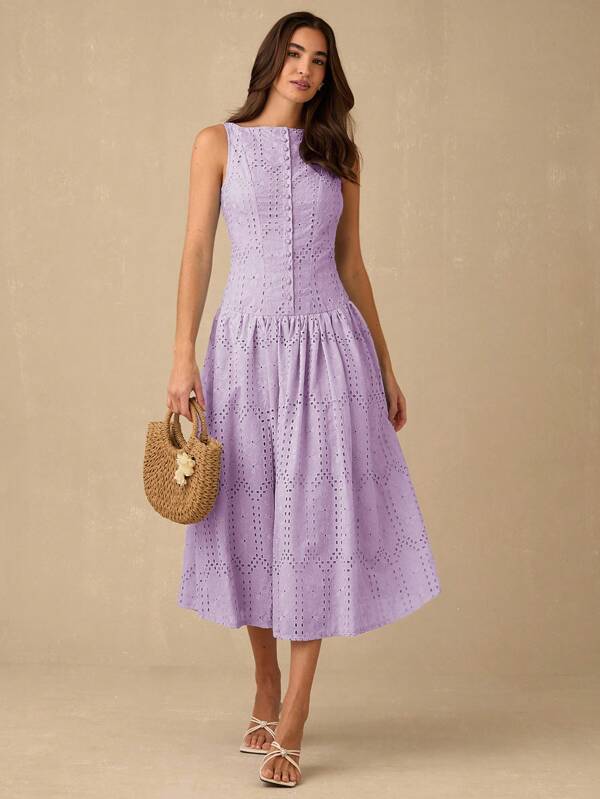 Enchnt Women's Fashionable Romantic Mesh Embroidered Sleeveless Dress, Summer