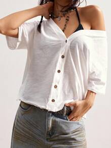 Bohemela Casual Solid Color Loose Batwing Short Sleeve Knit T-Shirt For Women Open Back Shirts Low Cut Shirt Summer Shirts Woman Blouse Summer Loose Shirt