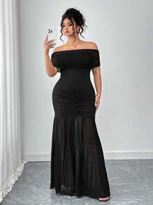 Elenzga Plus Size Women's Solid Color Off Shoulder Ruched Fish-Tail Hem Elegant Dress - Black - View 5