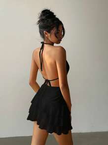 Aloruh Women's Sexy Solid Backless Halter Mini Dress, Summer - Black - View 2