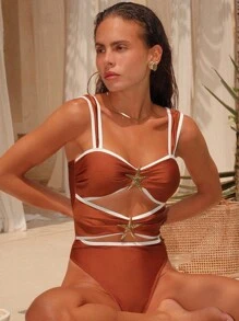 Swim Chiccia Women's One-Piece Swimsuit For Summer, Three-Color Combination, Shiny Fabric, Ocean Five-Star Metal Accessories, Modified Fit For Vacation