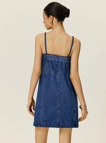 Poéselle 女士休闲宽松夏季时尚日常吊带牛仔连衣裙 - 中等水洗藍 - 查看 2