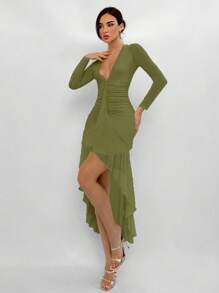 Aloruh Đầm dài thanh lịch ôm vừa vặn cổ chữ V sâu cho nữ, viền nhún eo - xanh quân đội - Xem 6