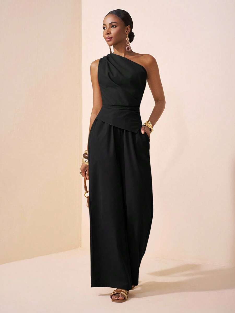 Zivah 2025夏季新款音乐节复活节母亲节婚礼生日派对日常出游基础百搭休闲网红爆款优雅通勤商务休闲一字肩百褶收腰不对称下摆女上衣加直筒裤卡其色女两件套优雅黑色连体裤黑色领带婚宴嘉宾连体裤黑色连体裤女优雅单肩连体裤