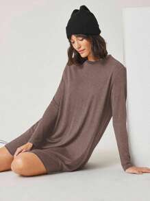 EURMUSE Women Casual Solid Color Round Neck Long Sleeve Short T-Shirt Dress - Chocolate Brown - View 4