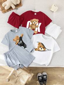 SHEIN 6pcs/Set Kids Boys & Girls Cute Casual Fashion Personalized Teddy Bear Print T-Shirt & Loose Shorts Sets, Multi-Piece Suit, Suitable For Everyday Wear, Sports, Outings, School, Gatherings, Festivals, Performances, Photos, Spring/Summer - Burgundy - View 5