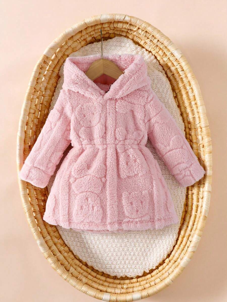 SHEIN 女婴休闲可爱保暖羊毛连帽连衣裙，适合秋冬季户外穿着 - 粉色 - 查看 1