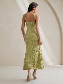Anewsta Spring/Summer High-End Elegant 3D Embroidered Flower Long Dress For Women - Olive Green - View 7
