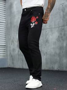 Manfinity LEGND Men's Floral Embroidery Pocket Skinny Casual Versatile Jeans