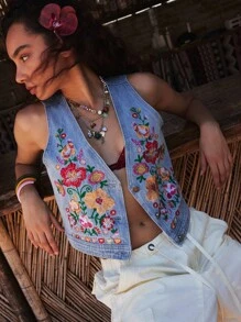 Bohemela Boho Vacation Style Sleeveless Crop Denim Embroidered Lightweight Jacket For Women Denim Vest Embroidered Vest Summer Vest In Fall/Winter - Blue - View 8