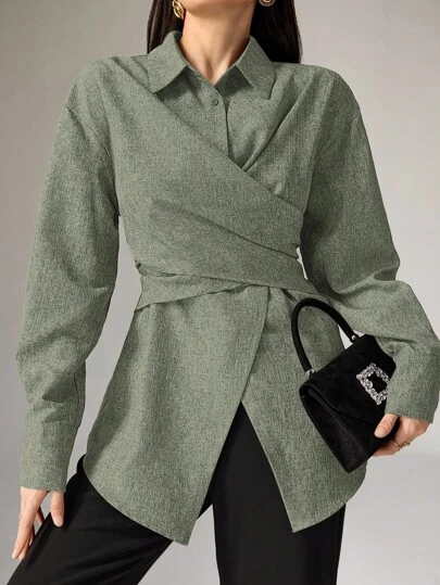 Heiryn 女士休闲/办公室纯色交叉裹身衬衫