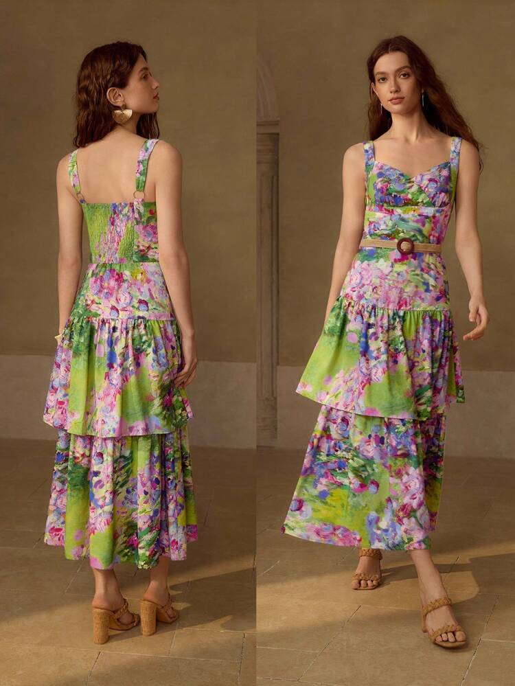 LINEN ALLOVER PRINT TIERED LAYER DRESS