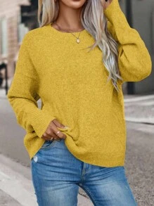Calvaya Casual Loose Fit Solid Color Pullover Sweater, Versatile Daily Wear Knit Pullover Fall Winter - Yellow - View 5