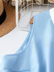 SHEIN Plus Size Casual Loose Sleeveless Blouse, Simple Contrast Color, Suitable For Daily Office Wear - Baby Blue - View 3