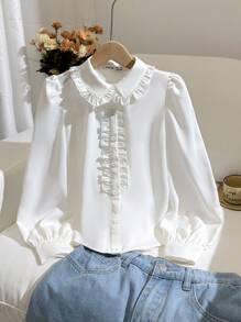 SHEIN 青少年女孩宽松休闲优雅荷叶边泡泡袖纽扣衬衫，舒适日常和学校穿着，长袖上衣白色荷叶边白色衬衫 - 白色 - 查看 7