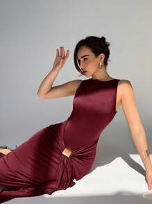 Aloruh Váy không tay màu trơn thanh lịch dành cho nữ - Màu Đỏ Sâu - Xem 4