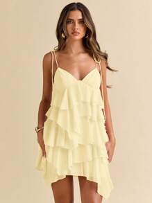 SHEIN BAE Summer Seaside Vacation Solid Light Pink Holiday Dress Lotus Leaf Chiffon Cake Dress Suspender Dress Music Festival Clothing Country Music Festival Clothing Concert Clothing Back To School Clothing Wedding Bridesmaid Clothing - Yellow - View 7