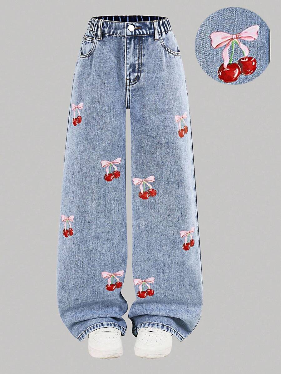 青少年女孩休闲牛仔裤，带有彩色樱桃印花，时尚个性化设计高腰宽松阔腿蓝色水洗牛仔裤，街头时尚风格可爱宽松牛仔裤，青少年女孩牛仔裤，时尚青少年宽松女孩牛仔裤 - 中等水洗藍 - 查看 1