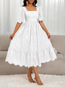 SHEIN Lady Damen Stickerei Jakobsmuschelkragen Kurzarm Elegantes mittellanges Kleid Weißes Ösenkleid Weißes Vintage-Kleid Milchjungfrau-Kleid Damen Cottagecore-Kleid Bridgerton Tea Party-Kleid