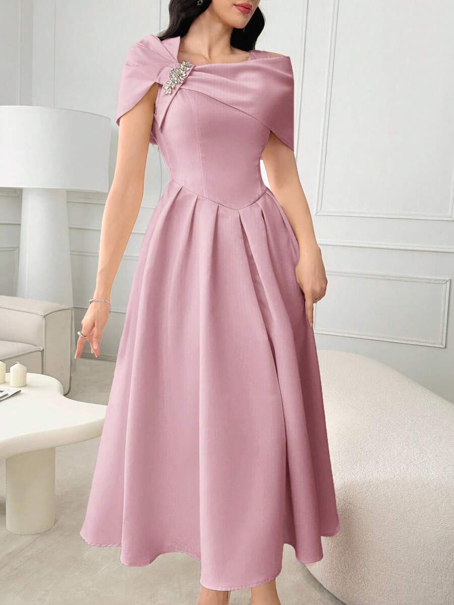 Modelyn Women's Solid Color Rhinestone Flower Decor Ruffle Elegant Dress - Pink - View 1