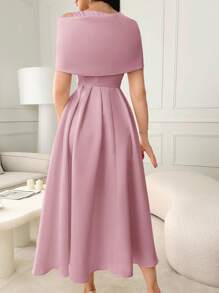 Modelyn Women's Solid Color Rhinestone Flower Decor Ruffle Elegant Dress - Pink - View 2
