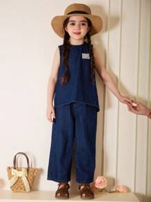 Dazy Kids 女童休闲圆领无袖水洗牛仔衬衫和宽松牛仔裤两件套 - 寶藍色 - 查看 8