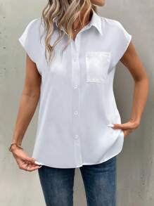 EMERY ROSE 1 件休闲领短袖纽扣前口袋衬衫 - 白色 - 查看 6