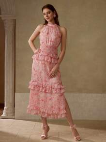 MOTF PREMIUM ALLOVER FLORAL PRINT FRILL MOCK NECK SHIRRED WAIST LAYERED RUFFLE TRIM SPLIT THIGH DRESS - Pink - View 4
