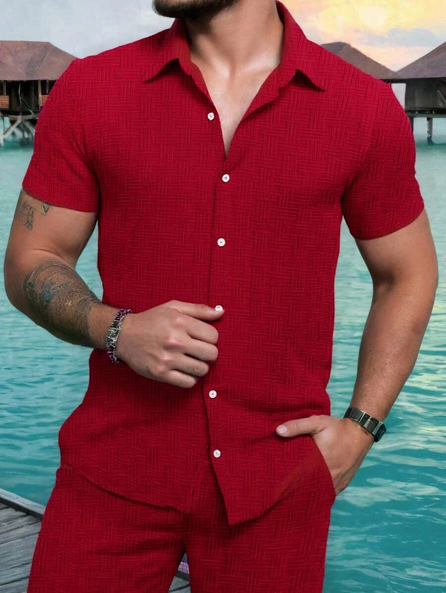 Manfinity Homme Áo sơ mi nam tay ngắn, đơn hàng khuy, màu trơn mùa hè - Đỏ - Xem 1