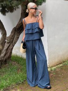 DAZY Women's Camisole Ruffle Trim Blouse & Casual Loose Fit Jeans 2 Pieces Set - Blue - View 6