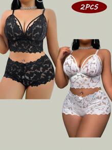 SHEIN 2pcs/Set Women Plus Size Sexy Lace Lingerie Set