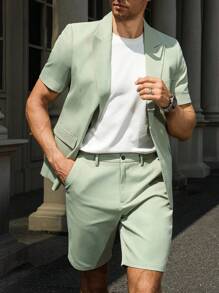Manfinity Mode Plus Size Men Solid Color Casual Blazer & Shorts Set - Green - View 4