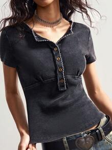 Bohemela Women's Casual Solid Color Knitted Half Zip Short Sleeve T-Shirt