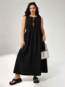 Auralis Robe de mode de base noire sans manches à grande taille avec nœud pour femme - Noir - Voir 4