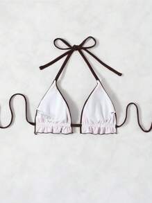 SHEIN Swim Áo bikini buộc dây trước hình tam giác siêu nhỏ màu trơn - Cà phê nâu - Xem 2