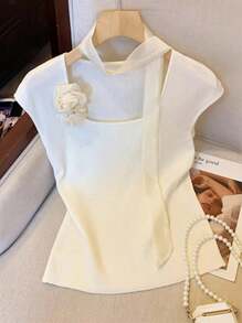 EMERY ROSE 1 pièce T-shirt à col carré élégant à fleurs 3D pour usage quotidien pour femmes - Blanc - Voir 1