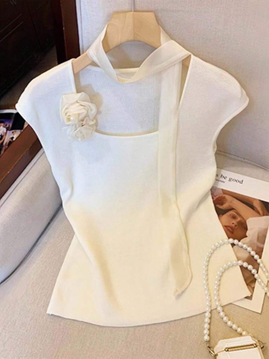 EMERY ROSE 1 pièce T-shirt à col carré élégant à fleurs 3D pour usage quotidien pour femmes - Blanc - Voir 1