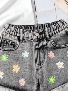 Pantalones cortos vaqueros de verano para niñas pequeñas con estampado floral colorido, cintura elástica suelta y dobladillo con volantes, en negro y gris